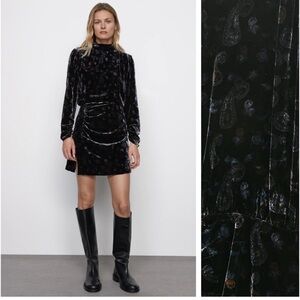 Zara XL Black Velvet Paisley Mini Dress